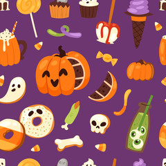 Halloween cookie symbols of food Night cake party vector illustration seamless pattern background