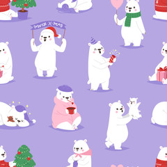 Christmas white bear vector animal cute beauty character funny style different poses celebrate Xmas holiday or New Year time big bear animal seamless pattern background