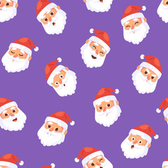 Christmas Santa Claus head emotion faces vector expression character poses illustration emojji Xmas man red traditional costume and Santa hat on head seamless pattern background