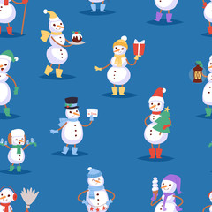 Snowman cute cartoon winter christmas character man holiday merry xmas snow boys and girls vector illustration seamless pattern background