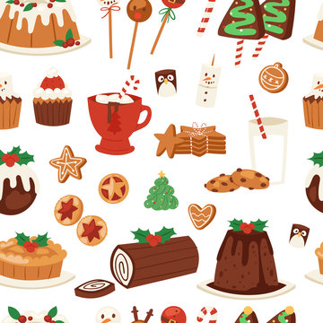 Christmas Food Vector Desserts Holiday Decoration Xmas Family Diner Sweet Celebration Meal Illustration. Traditional Festive Winter Cake Homemade X-mas Seamless Pattern Background