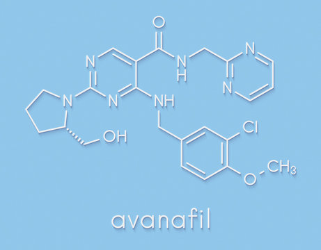 Avanafil erectile dysfunction drug molecule. PDE5 inhibitor used in treatment of impotence. Skeletal formula.