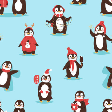 Christmas cute penguin vector character cartoon bird celebrate Xmas poses - play, walc, fly and happy penguin face smile in Santa red hat seamless pattern background