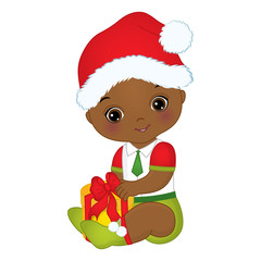 Vector Cute African American Baby Boy Wearing Christmas Clothes