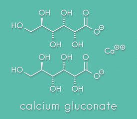 Calcium gluconate drug. Soluble form of Ca, used to treat magnesium overdose, hypocalcemia and hydrofluoric acid (HF) burns. Skeletal formula.