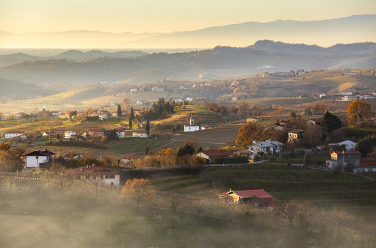Slovenia Collio in mist at sunset, Slovenia