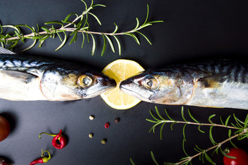 Raw mackerel fish and cooking ingredients