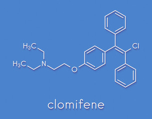 Clomifene (clomiphene) ovulation inducing drug molecule. The E-isomer (enclomifene) isomer is shown. Skeletal formula.