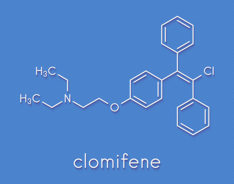 Clomifene (clomiphene) ovulation inducing drug molecule. The E-isomer (enclomifene) isomer is shown. Skeletal formula.