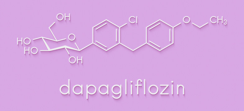 Dapagliflozin diabetes drug molecule. Inhibitor of sodium-glucose transport proteins subtype 2 (SGLT2). Skeletal formula.
