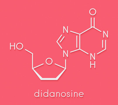 Didanosine (2&prime;,3&prime;-dideoxyinosine, ddI) HIV drug molecule. Skeletal formula.