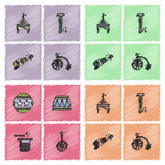 Circus equipment Icons in Hatching style