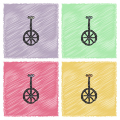 Unicycle, One Wheel Bicycle, Cartoon Flat Style Vector Illustration in Hatching style