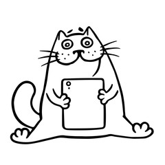 The cat is playing on a digital tablet. Isolated vector illustration.
