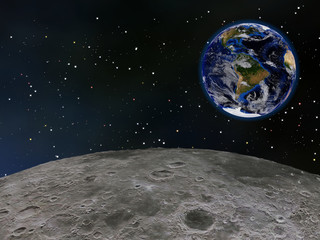 View of Earth's western hemisphere from above the Moon's surface, with stars in the background.