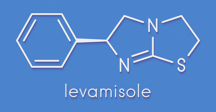 Levamisole antihelmintic drug molecule. levorotary isomer of tetramisole. Skeletal formula.