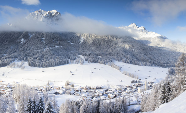 Sesto village and Sexten Dolomites, Pusteria valley, Italy