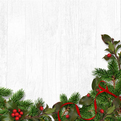 Fototapeta na wymiar Christmas background with firtree and red berries. Greeting card