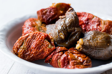 Turkish Dolma with Red pepper and Aubergine or Eggplant.