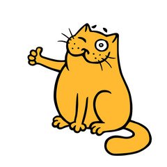 The cat shows that everything is ok. Good news. Vector Illustration.