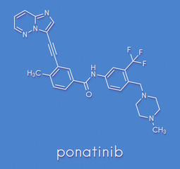 Ponatinib cancer drug molecule. Tyrosine kinase inhibitor used in treatment of chronic myeloid leukemia (CML) and acute lymphoblastic leukemia (ALL). Skeletal formula.