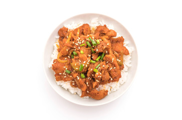 fried pork with spicy korean sauce (bulgogi) on top rice