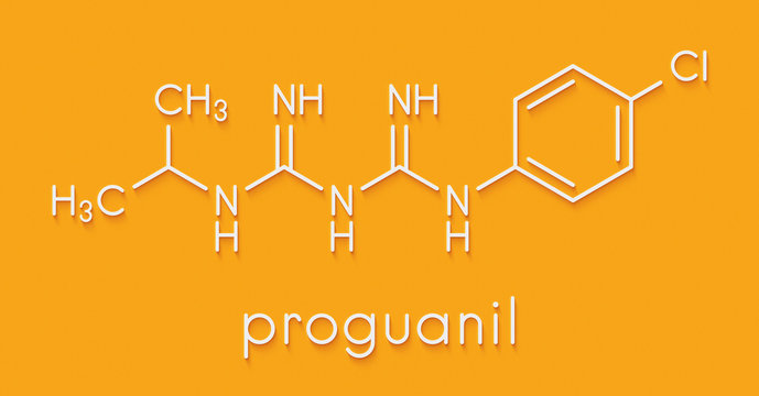 Proguanil prophylactic malaria drug molecule. Skeletal formula.