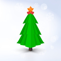 Decorative Vector Christmas Tree with Golden Star and Red Bow on Light Background