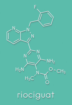 Riociguat pulmonary hypertension (PH) drug molecule. Stimulator of soluble guanylate cyclase (sGC). Skeletal formula.