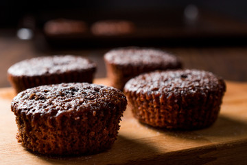 Chocolate Souffle with powdered sugar.