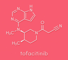 Tofacitinib rheumatoid arthritis drug molecule. Inhibitor of Janus kinase 3 (JAK3). Skeletal formula.