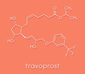 Travoprost eye disease drug molecule. Used in treatment of glaucoma and ocular hypertension. Skeletal formula.