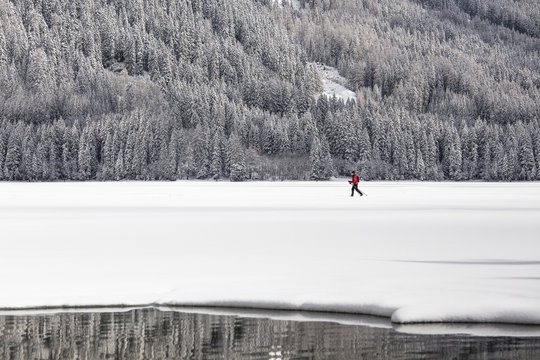 Cross country skiing on Lake of Anterselva, Pusteria Valley, dolomites, Italy