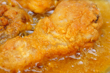 Close Up Chicken Frying In A Pan. Unhealthy Food Concept