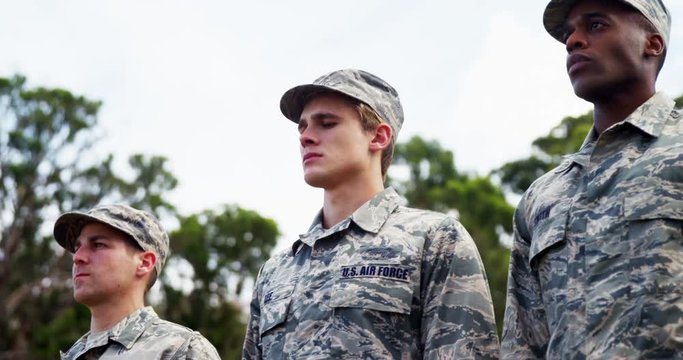 Group of us air force soldiers standing in line 