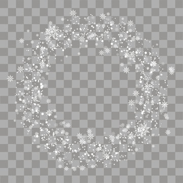 Christmas Circle Frame With Snow Flakes On Transparent Background. Vector