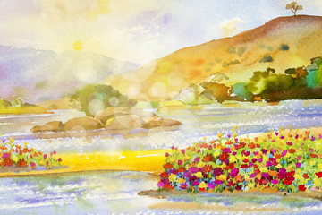 Watercolor landscape painting colorful of flowers sun river and mountain