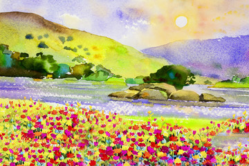Watercolor landscape painting colorful of flowers river and mountain