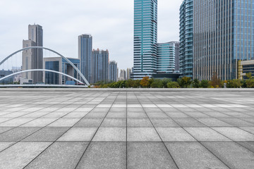 empty brick floor with cityscape and skyline in Tianjin, china