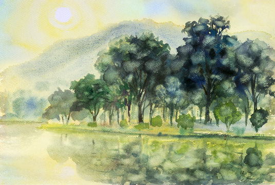 Watercolor landscape original painting colorful of sun in morning.