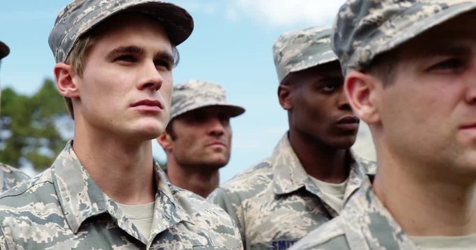 Military soldiers standing in boot camp 