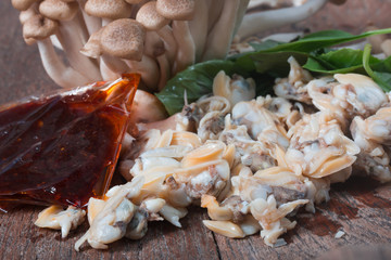 Fresh cockle From the sea of Thailand and  Shimichi mushrooms Before cooking 
