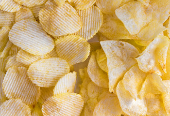 Potato chips on white background.