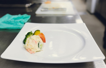 salad potato put on white dish