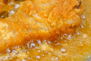 Close Up Chicken Frying In A Pan. Unhealthy Food Concept
