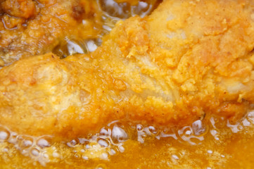 Close Up Chicken Frying In A Pan. Unhealthy Food Concept