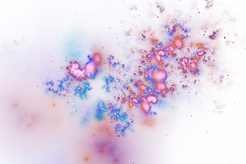 Bright splash. Abstract blue, orange and rose sparkles on white background. Fantasy fractal texture. Digital art. 3D rendering.