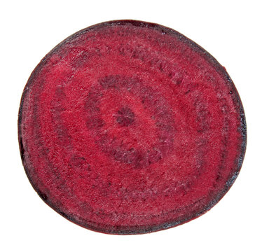 Raw beetroot cut in half inside cross section isolated on white background