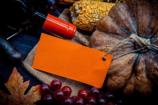 Thanksgiving background with fruit and vegetable on wood in autumn season.  Copy space for text.