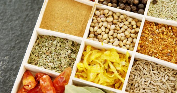 Various spices arranged in tray 